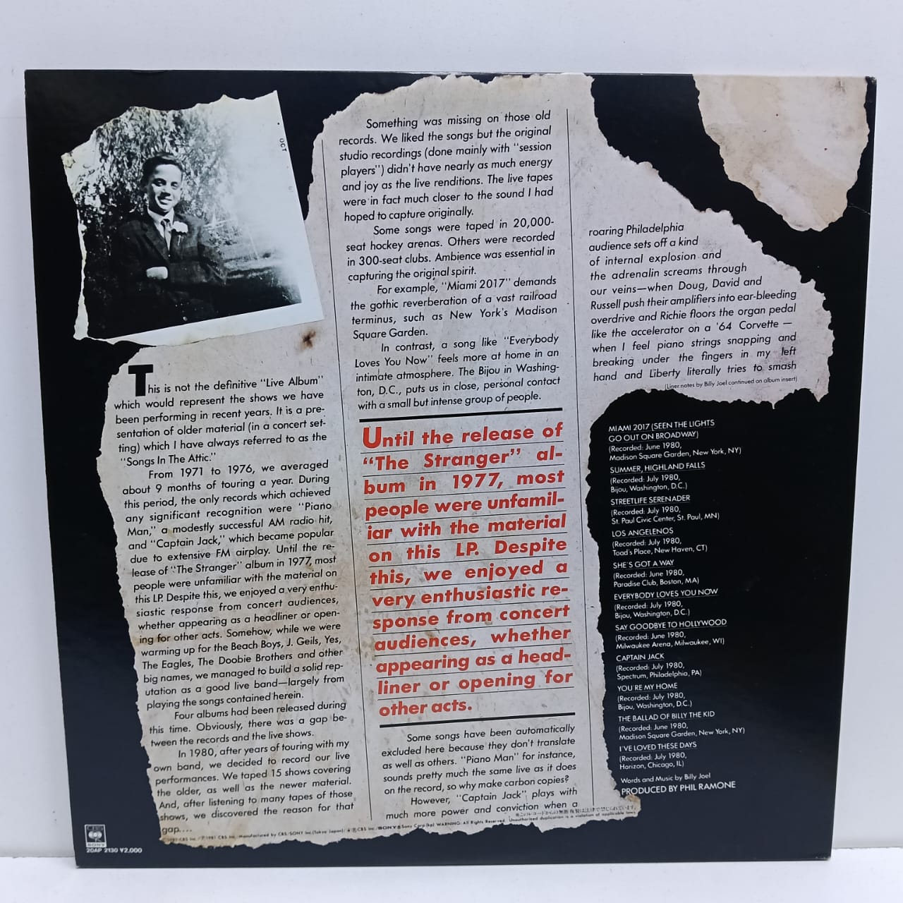 Billy Joel – Songs In The Attic (LP EPOCA JAPAN 9.5/10) - Imagen 2