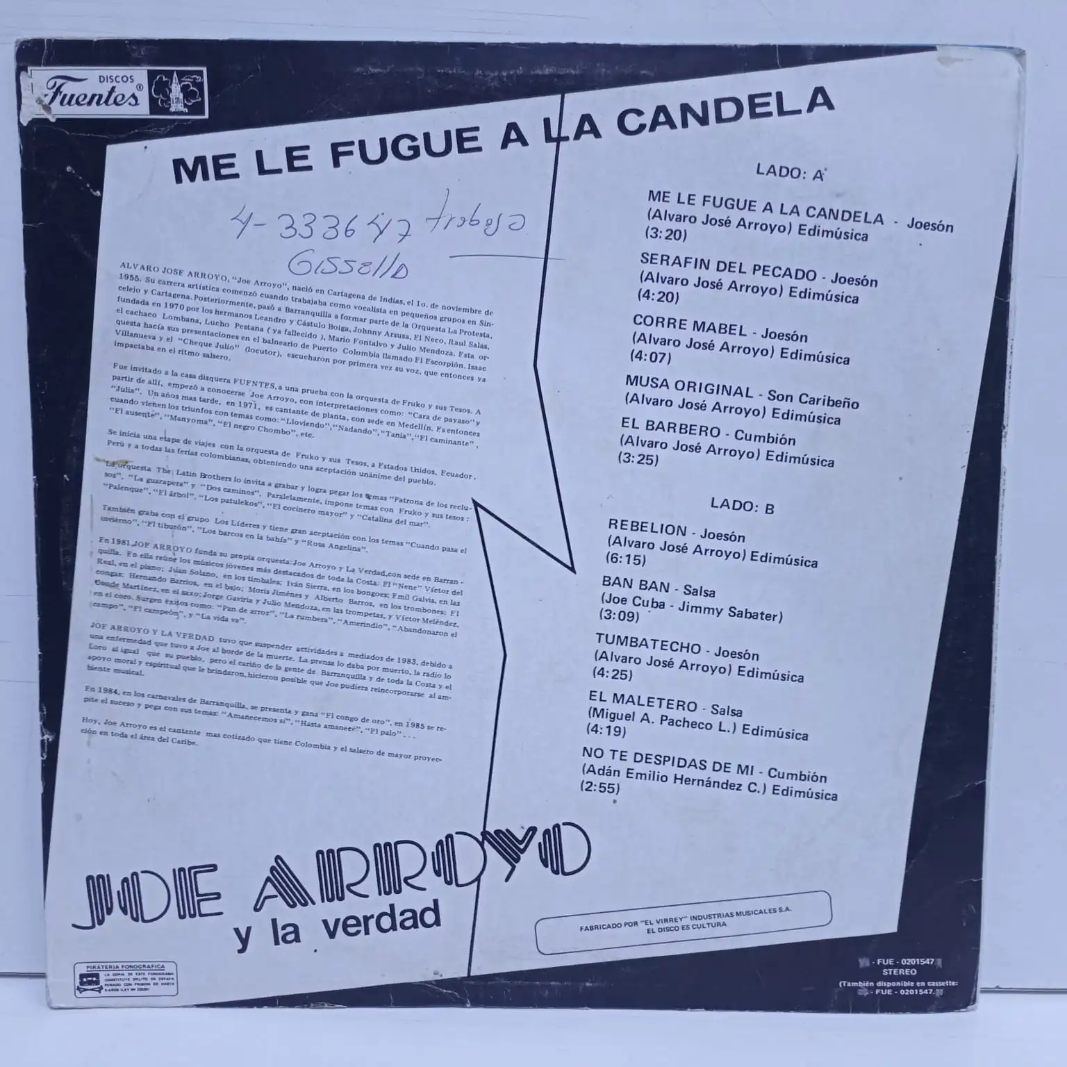 Joe Arroyo Y La Verdad – Me Le Fugue A La Candela (LP 7/10) - Imagen 3